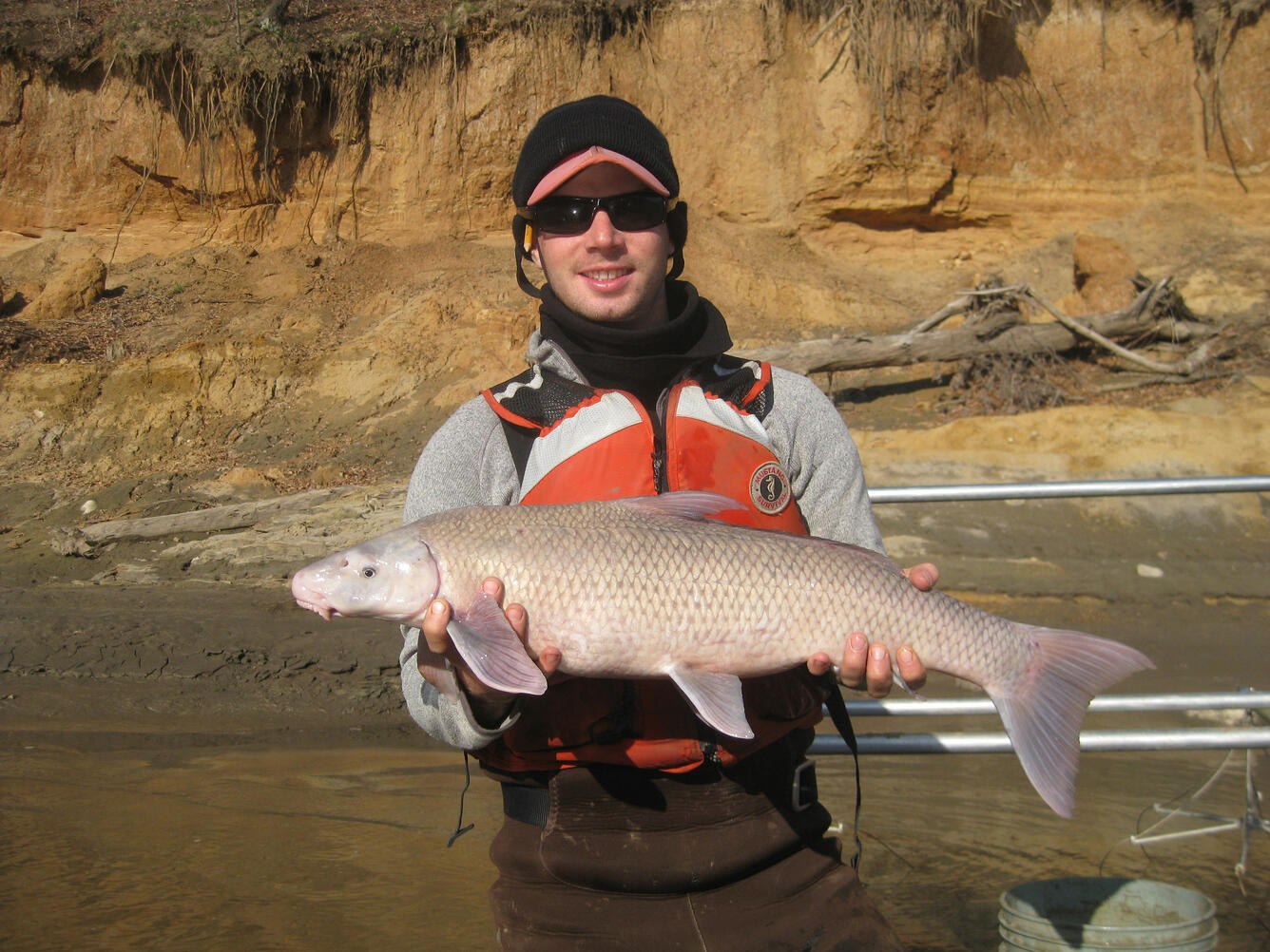 man wearing an orange PFD and black hat, holding a blue sucker fish