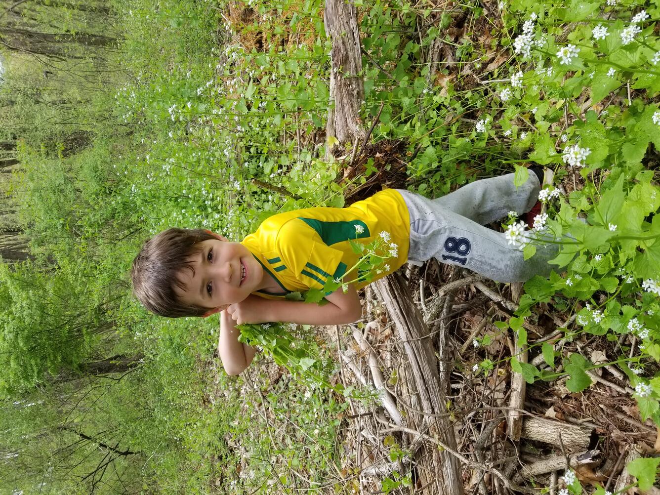 A nine-year-old boy holds a bundle of pulled herbs over his sholder