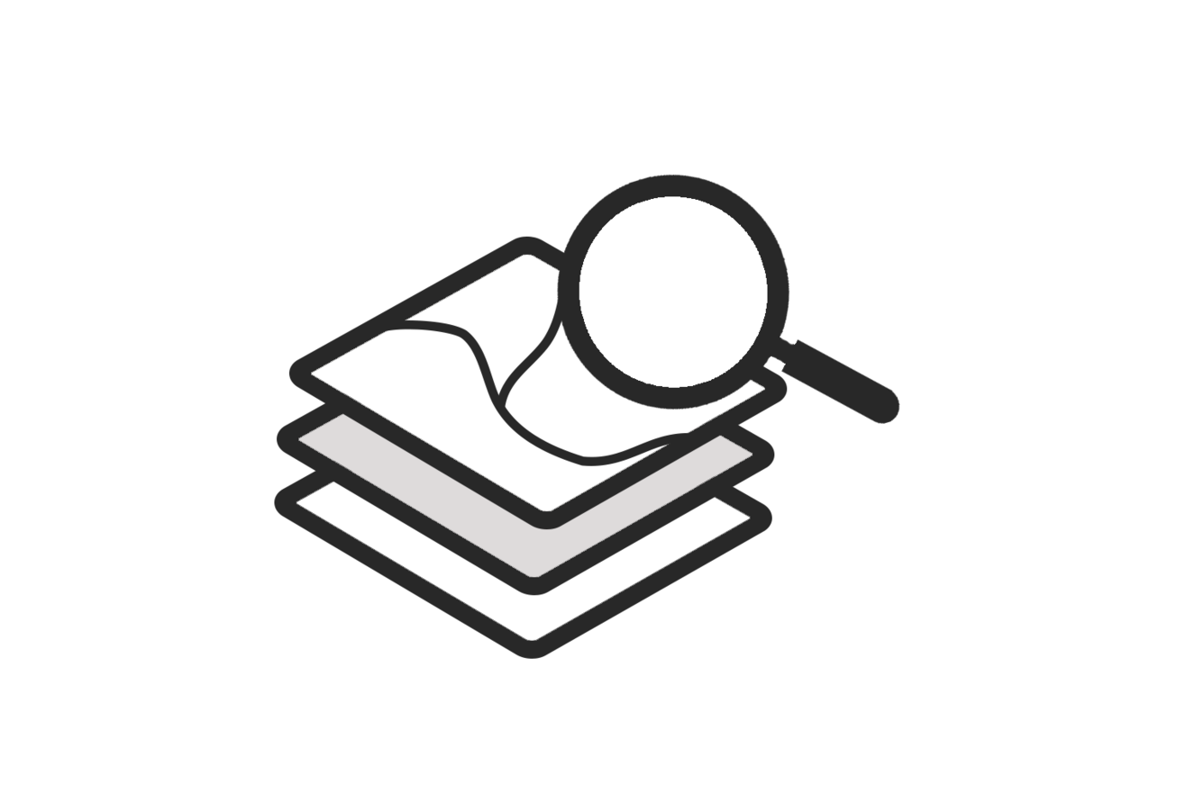 A stack of simplified maps with a magnifying glass on top