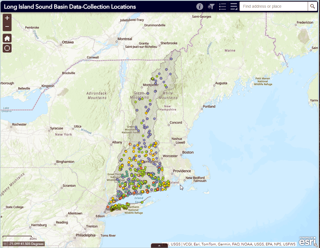 Screenshot of the Long Island Sound basin data-collection locations map