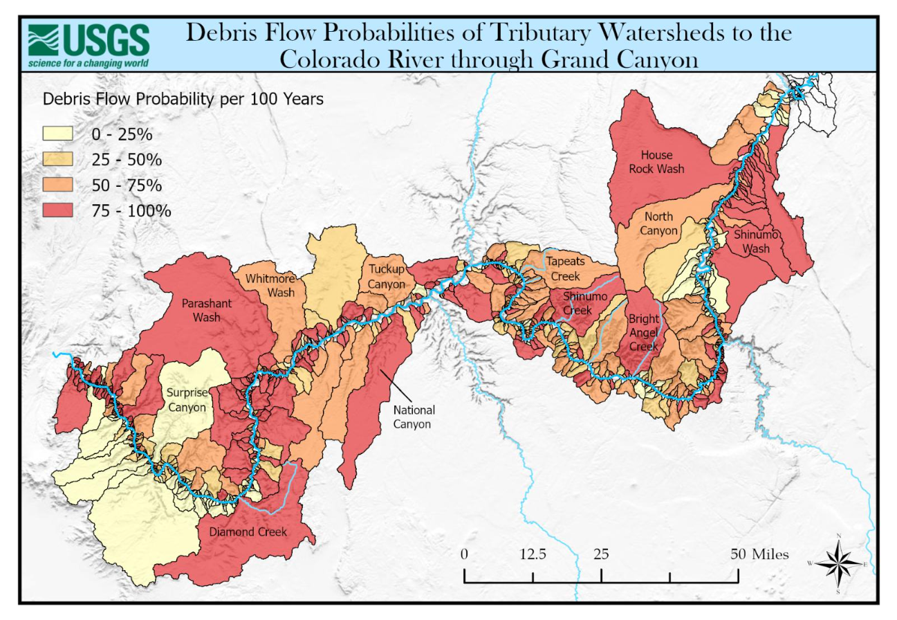 Debris flow probabilities of tributary watersheds to the Colorado River in Grand Canyon