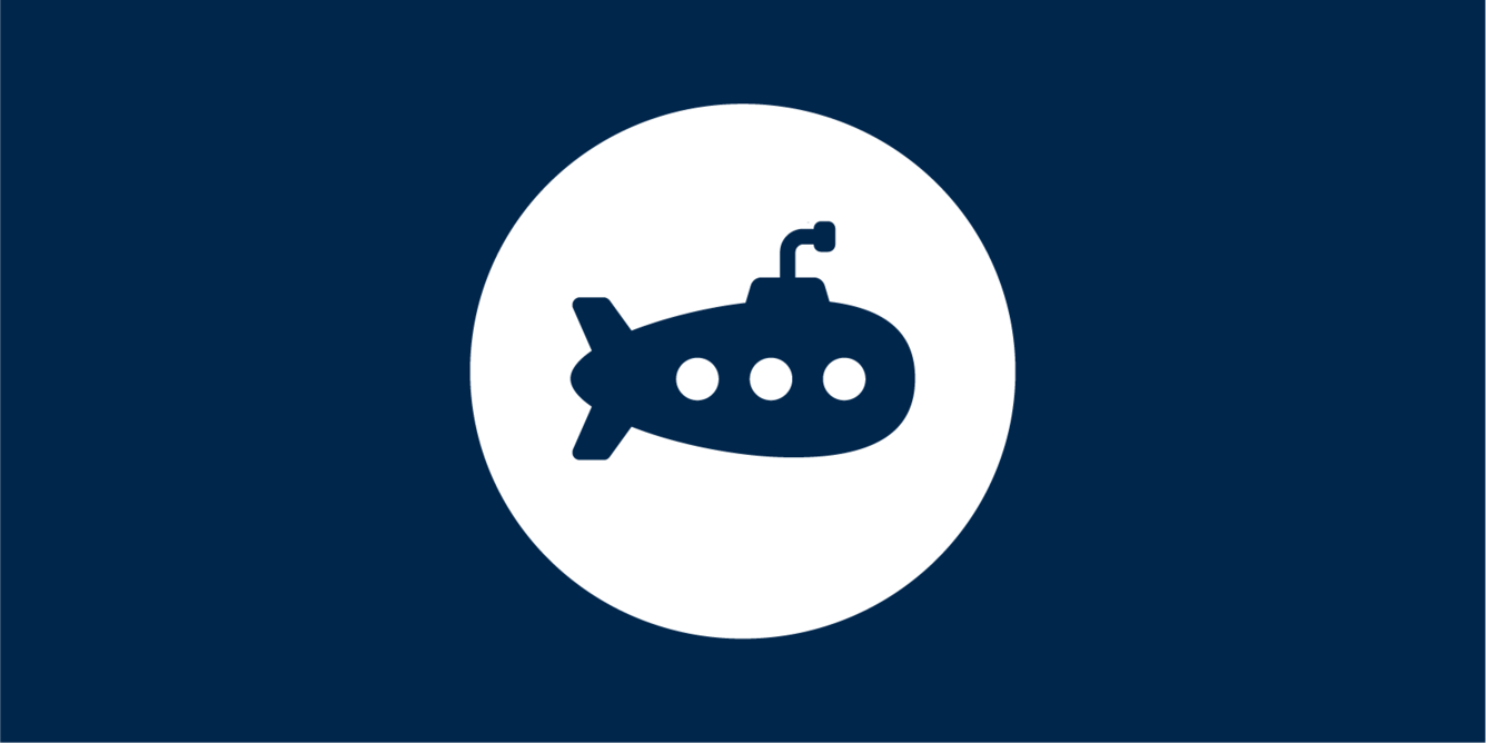 A dark blue box with a white circle in the center. In the center of the circle is a dark blue icon of a submarine. 