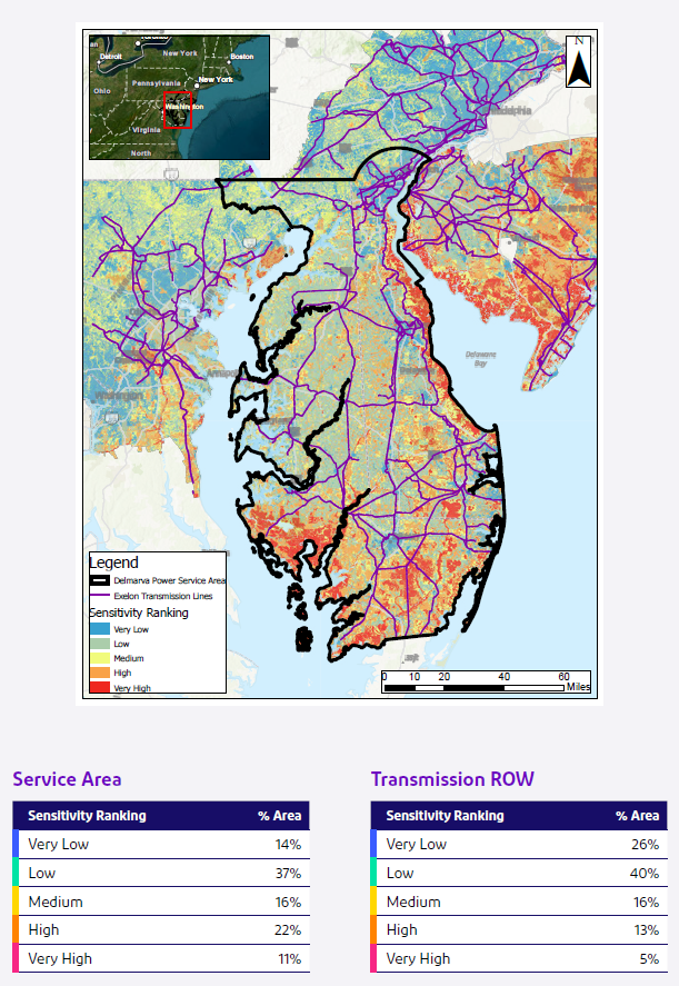 A colorful infographic with a map of Delaware and eastern Maryland with a black outline, purple lines and legend