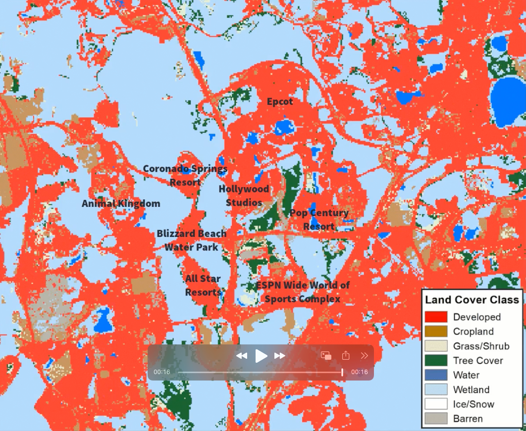 screenshot of the LCMAP land cover animation of Disney World resort area