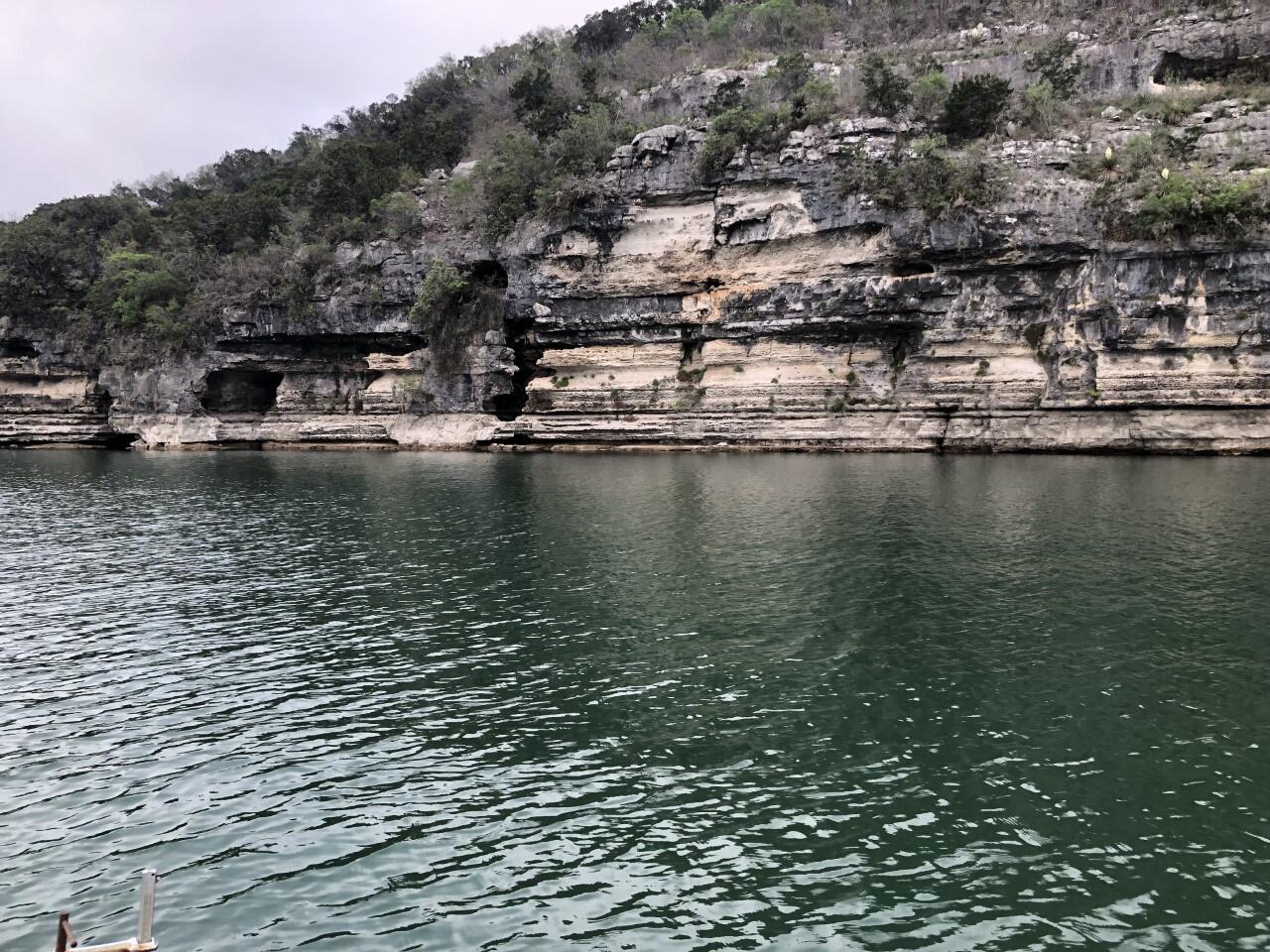 Edwards aquifer limestone exposed above a lake
