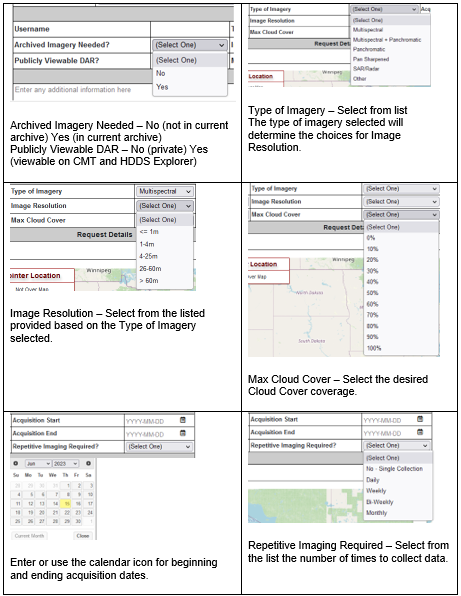 CMT Details of Imaging Requirements Input Fields