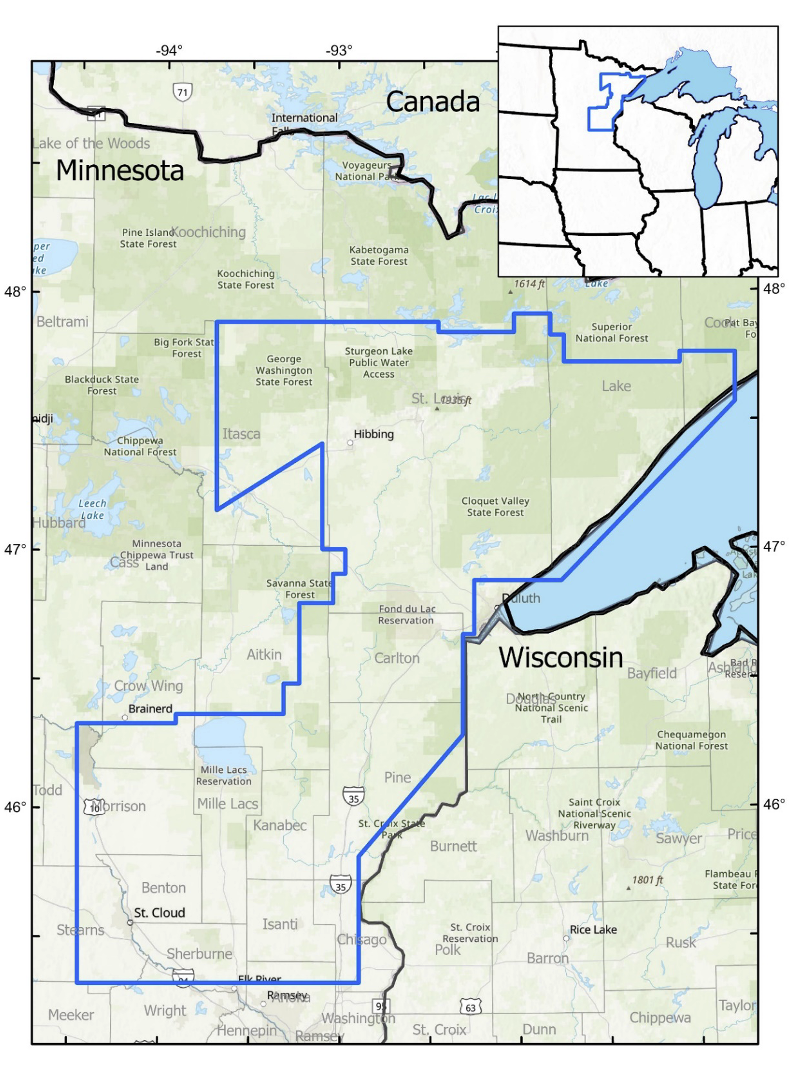 Map of Northern Minnesota showing an irregular blue polygon, the outline of Earth MRI survey flights over the Duluth Complex.
