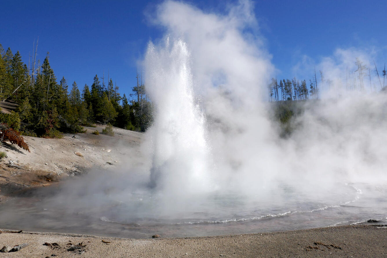 Plume of white water and steam emanating from a dark pool of water in a barren area, trees and blue sky in background