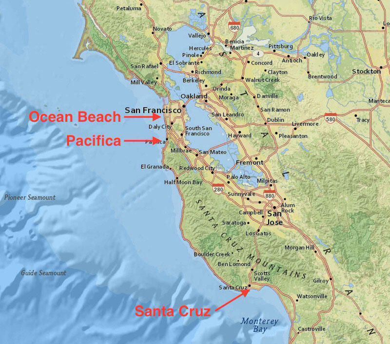 Map of part of California with arrows pointing to study locations.