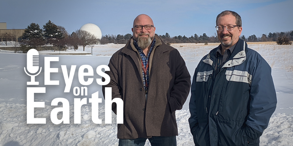 Logo on photo of two guys standing in front of a snow-covered area with a radome in the background