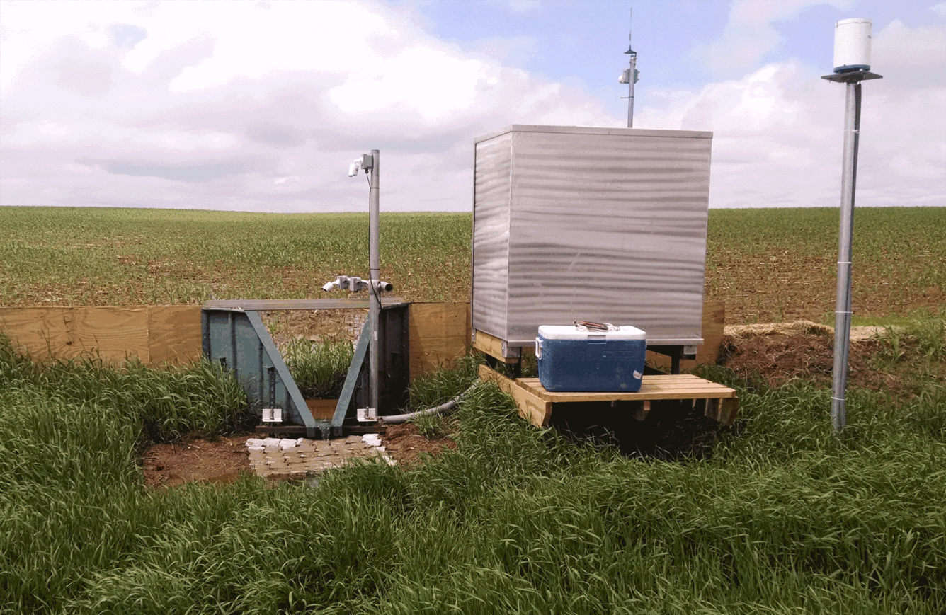 Photos of various edge-of-field monitoring sites, installation efforts, and runoff events across the Great Lakes basin.