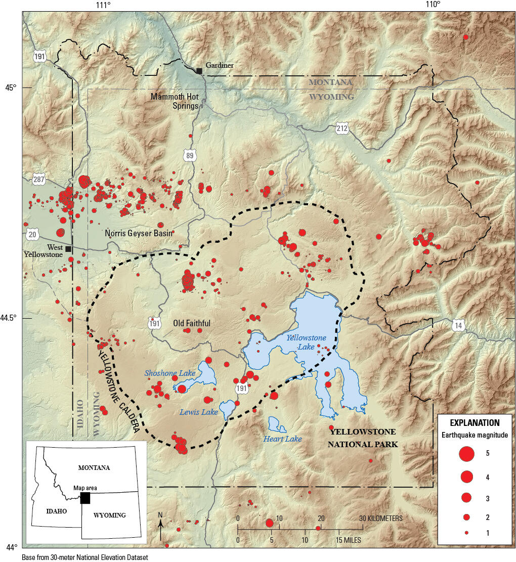 Shaded relief map of the Yellowstone region showing earthquakes during the year 2024 as red dots