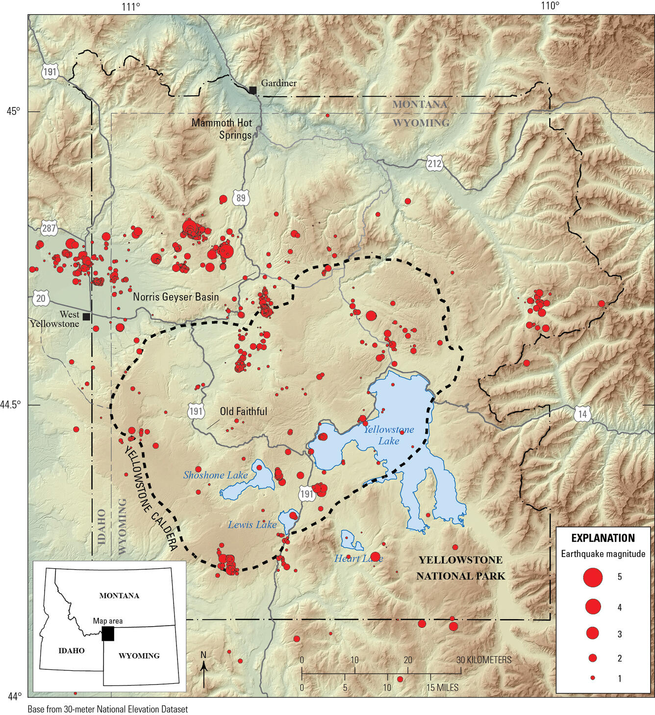 earthquakes were scattered throughout the Yellowstone region in 2025, mostly occurring between Hebgen Lake and Norris