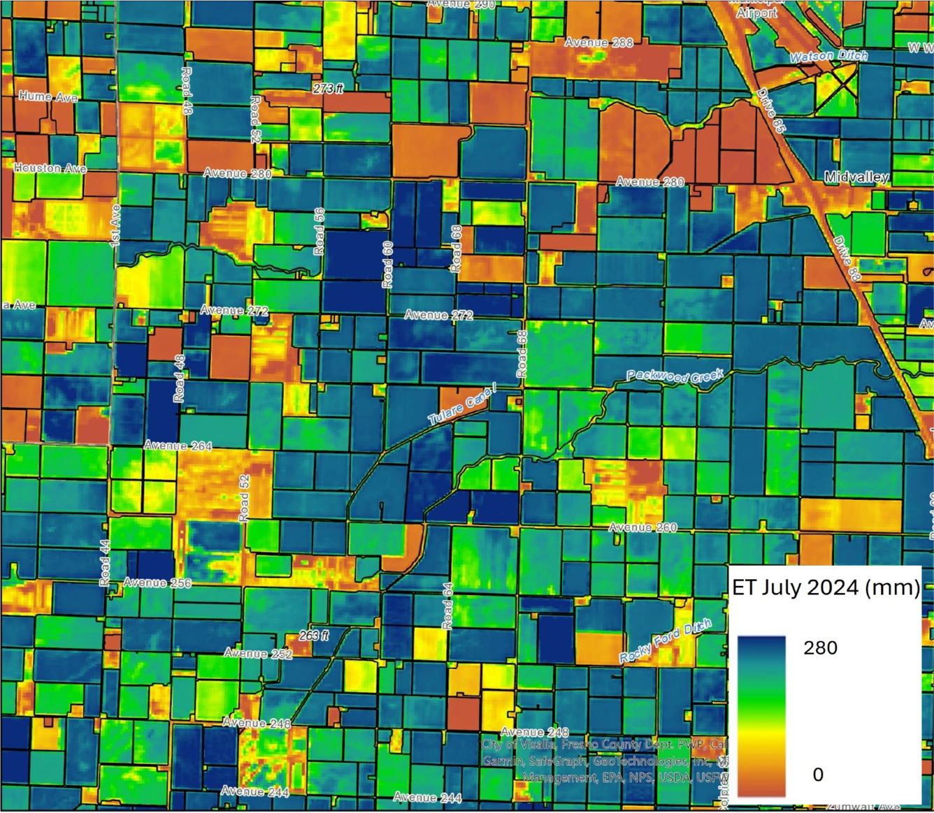 An image of fields designated with colors ranging from greens and blues to reds, oranges and yellows