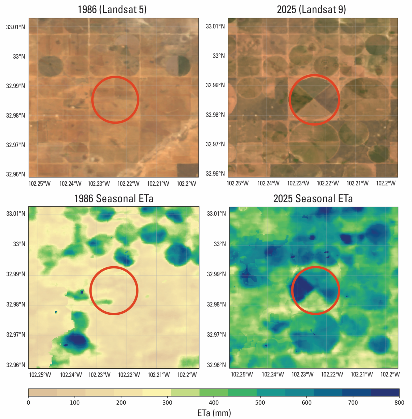 satellite images and evaoptranspiration maps of an area near Lubbock Texas