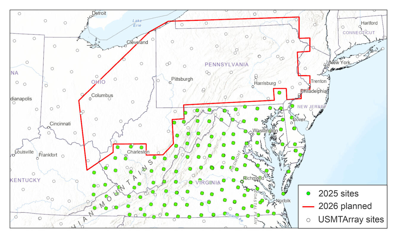 The United States Magnetotelluric Array expanding stations to the eastern coast.