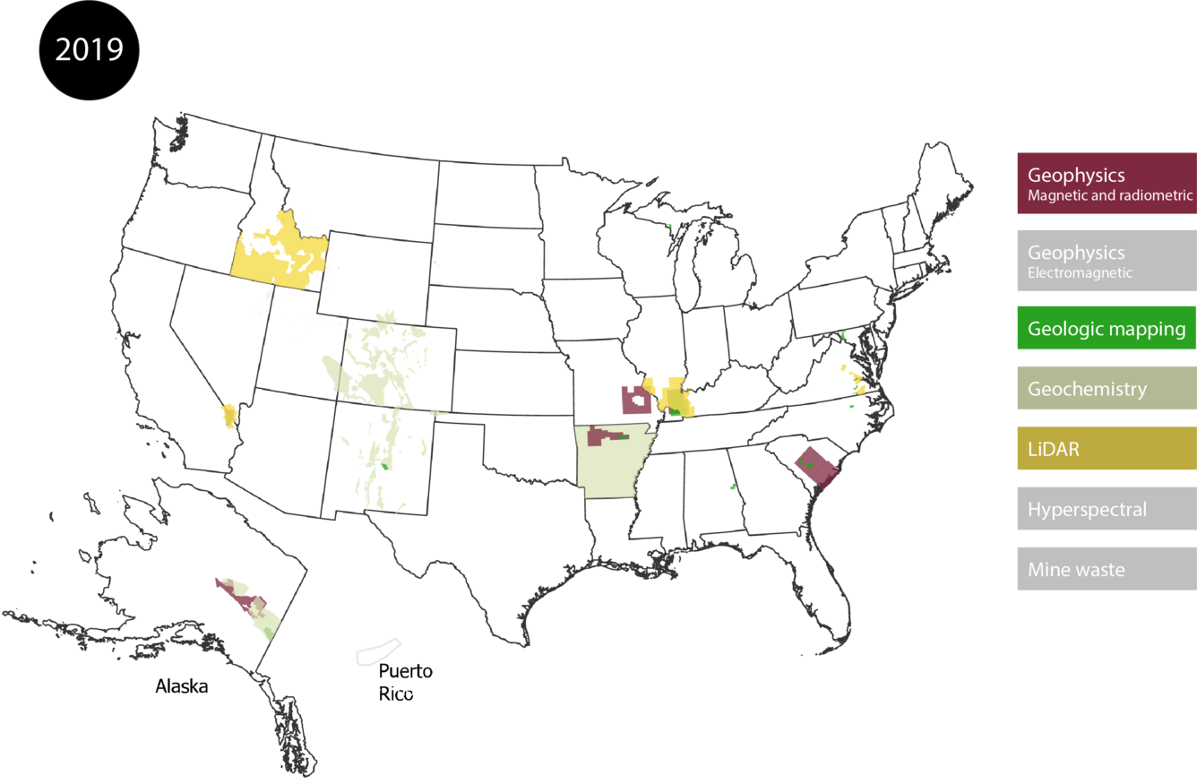 Map of the US, Alaska and Puerto Rico filled in by data type: geophysics, geologic mapping, geochemistry, Lidar, Mine Wastes, hyperspectral. 