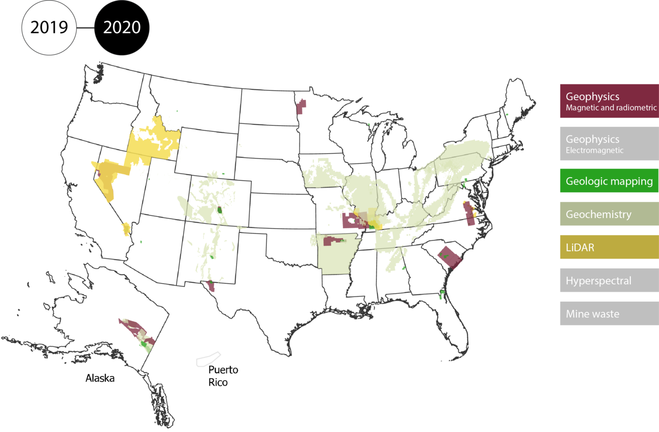 Map of the US, Alaska and Puerto Rico filled in by data type: geophysics, geologic mapping, geochemistry, Lidar, Mine Wastes, hyperspectral. 