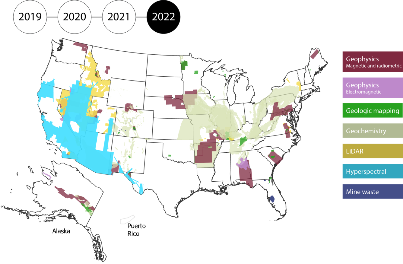 Map of the US, Alaska and Puerto Rico filled in by data type: geophysics, geologic mapping, geochemistry, Lidar, Mine Wastes, hyperspectral. 