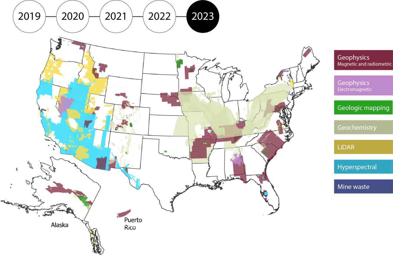 Map of the US, Alaska and Puerto Rico filled in by data type: geophysics, geologic mapping, geochemistry, Lidar, Mine Wastes, hyperspectral. 