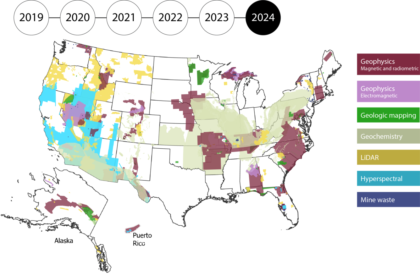 Map of the US, Alaska and Puerto Rico filled in by data type: geophysics, geologic mapping, geochemistry, Lidar, Mine Wastes, hyperspectral. 