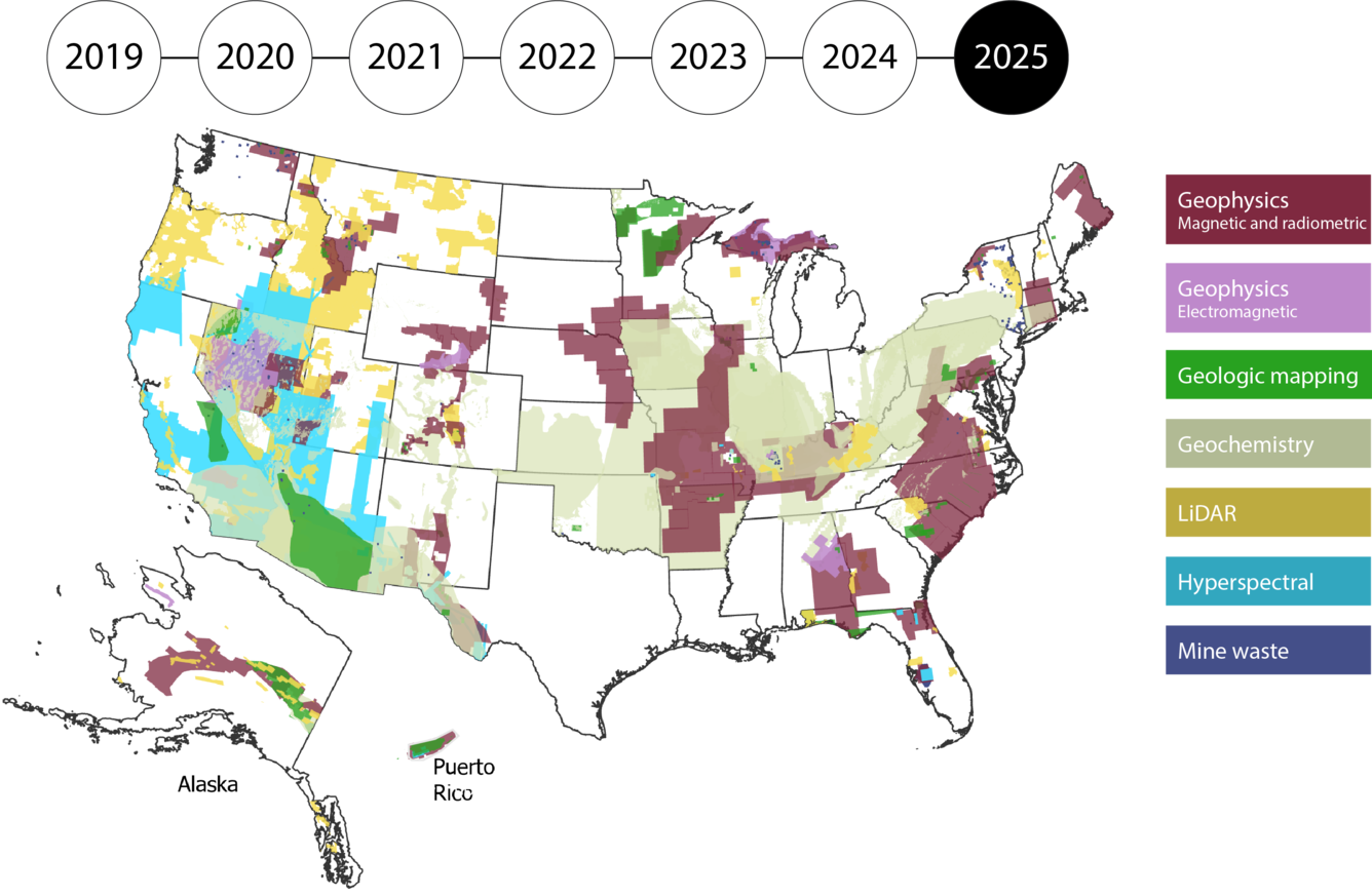 Map of the US, Alaska and Puerto Rico filled in by data type: geophysics, geologic mapping, geochemistry, Lidar, Mine Wastes, hyperspectral. 