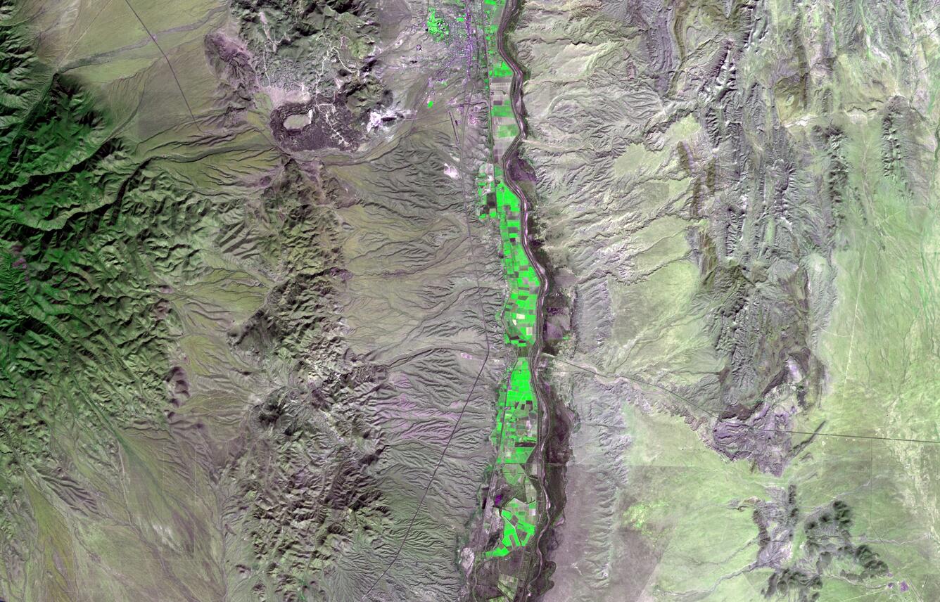 Satellite image of a river and mountains