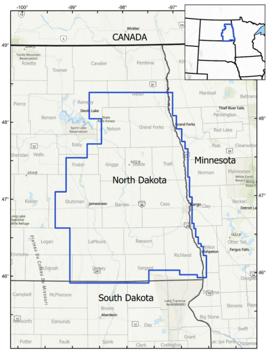 Map of eastern North Dakota and adjoining states, with an irregular blue polygon marking the area of the survey.