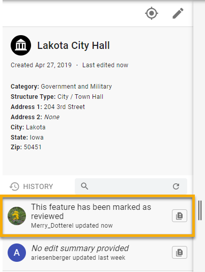 View of the edit history window with a note stating that the feature has been marked as reviewed.