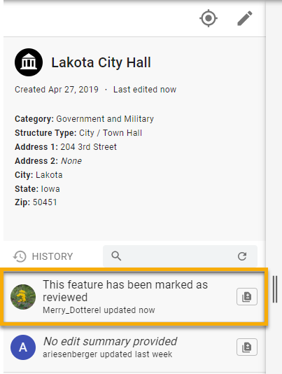 View of the edit history window with a note stating that the feature has been marked as reviewed. 