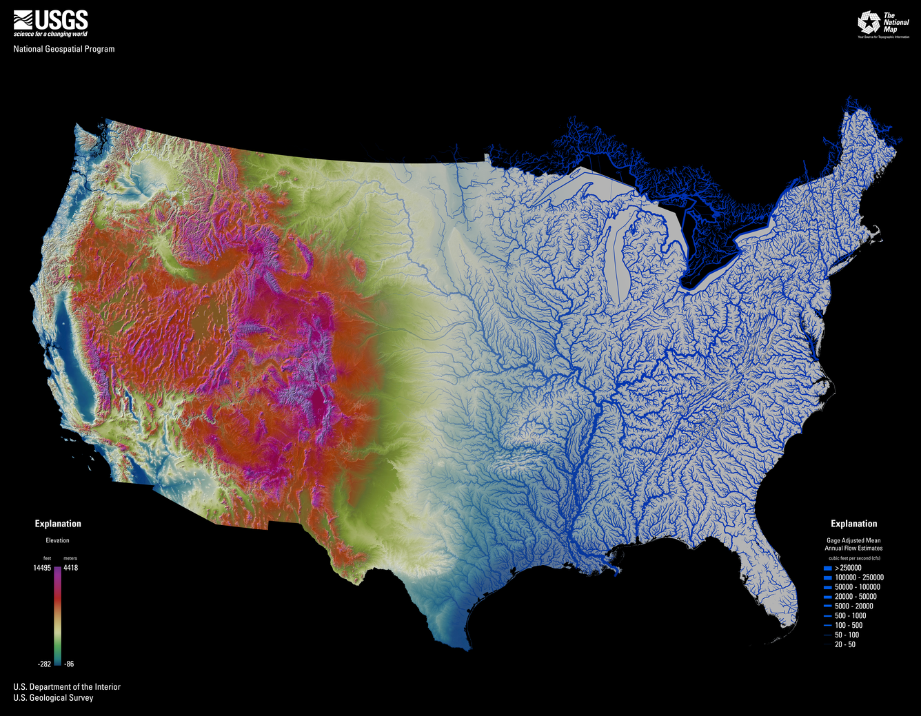 Map of the contiguous United States showing hydrography flow lines on the right and an elevation model on the left