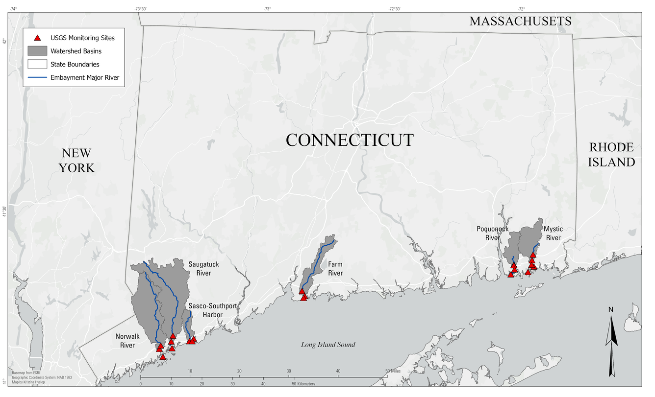 State map of Connecticut with streams, basins, and monitoring sites along Long Island Sound.