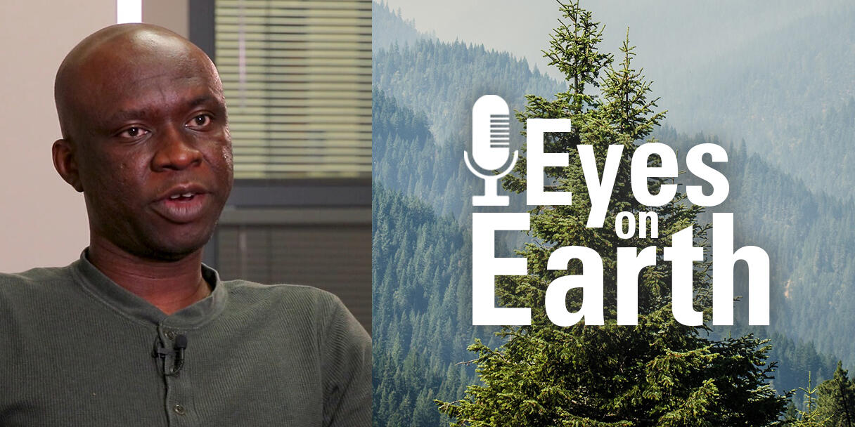 Color photo of Francis Dwomoh with the graphic for the USGS EROS podcast "Eyes on Earth"
