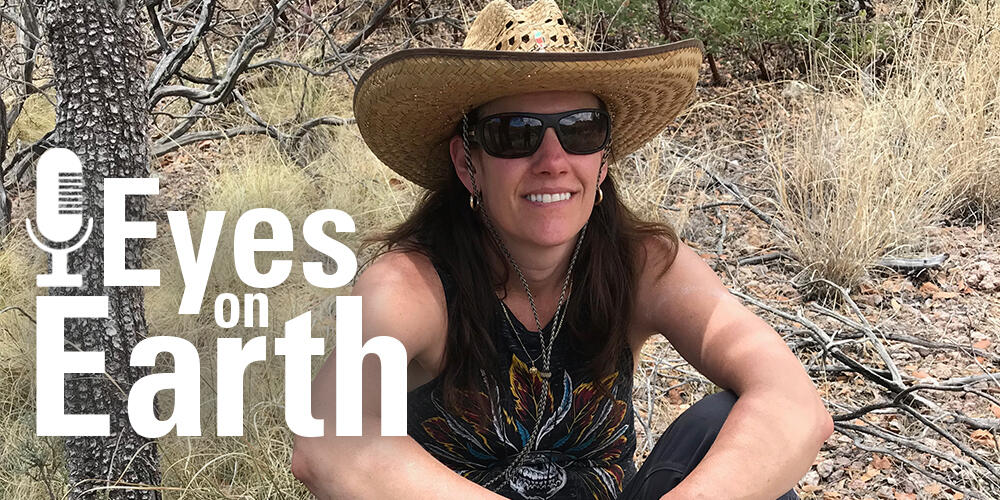 color photo of Dr. Helen Poulos with the graphic for the USGS EROS podcast Eyes on Earth