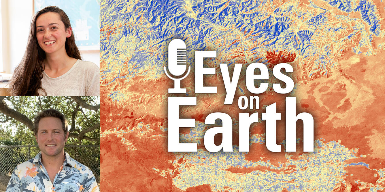 Color image of Anna Boser and Andy MacDonald with the graphic for the USGS podcast Eyes on Earth