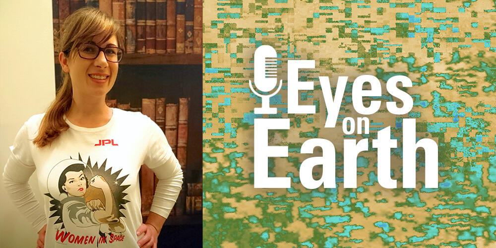 Color photo of Dr. Kerry Cawse-Nicholson with the graphic for the USGS EROS podcast Eyes on Earth