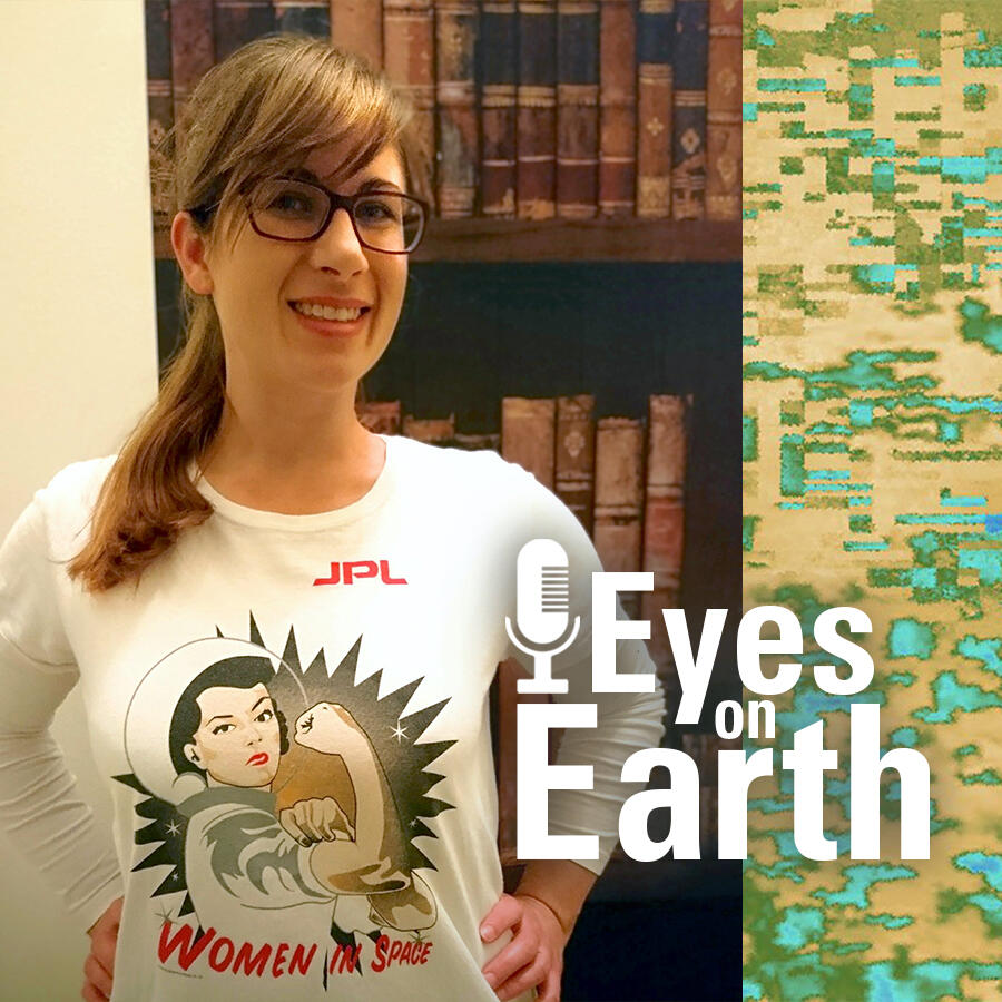 color photo of Kerry Cawse-Nicholson with the logo for the USGS EROS podcast Eyes on Earth