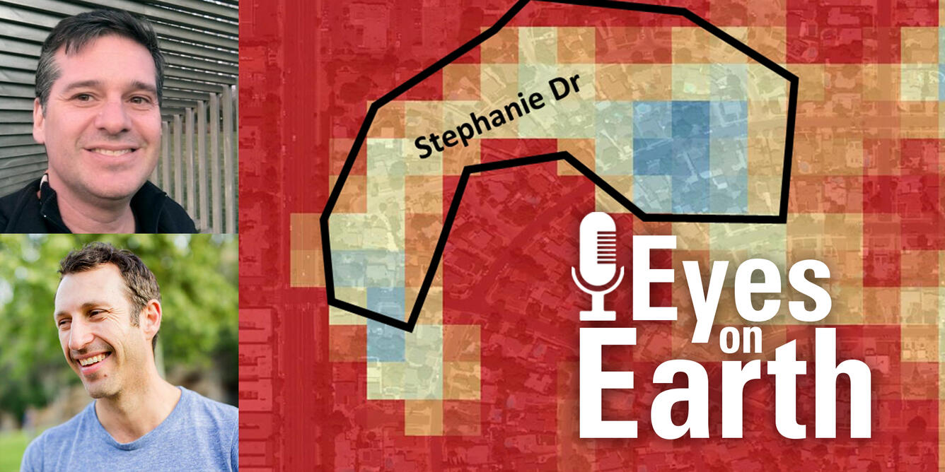 color photo of Greg Spotts and Glynn Hulley with the graphic for the USGS EROS podcast "Eyes on Earth"