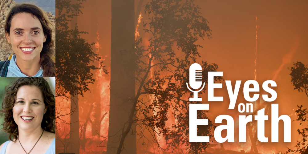 Logo on fire background with two mugshots on the left