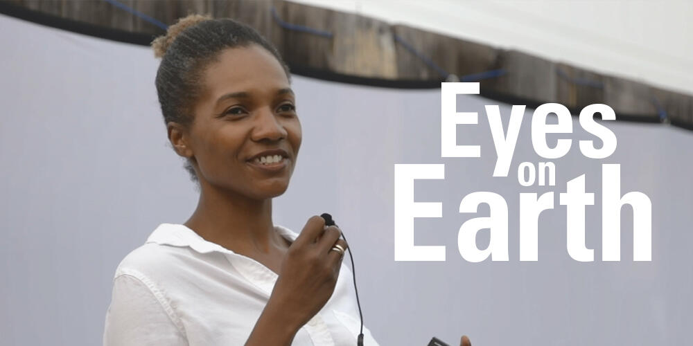 color photo of Lola Fatoyinbo with the graphic for the USGS EROS podcast "Eyes on Earth"