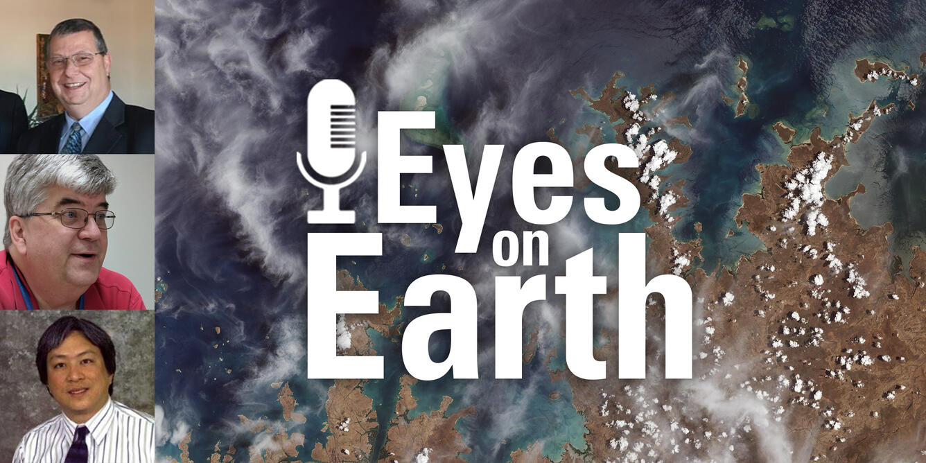Color photo of, from top, Greg Stensaas, Jon Christopherson and Grant Mah with the logo for the USGS podcast "Eyes on Earth"