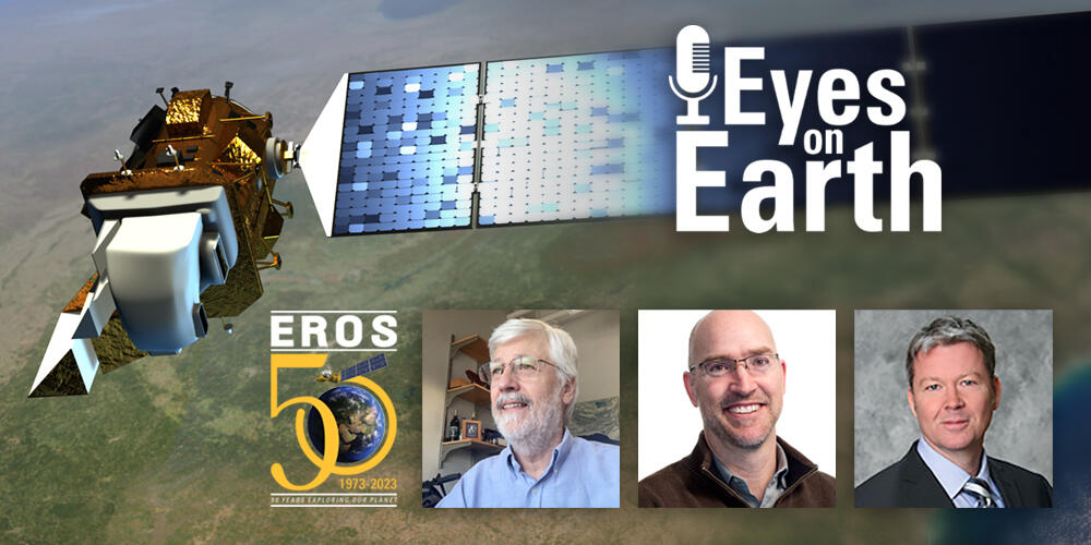 Logo on top of background satellite image and mugshots of three men
