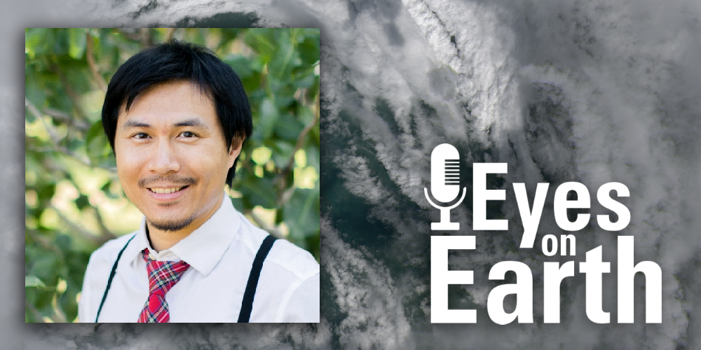 Logo and man's mugshot on satellite image of hurricane eye