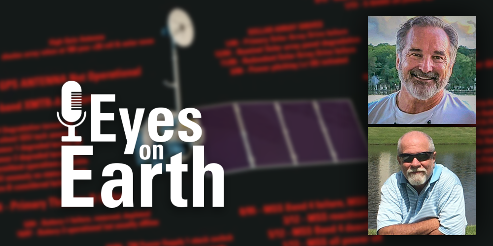 Logo with satellite image background and two mugshots