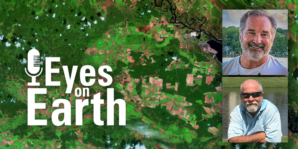 Logo with a background satellite image and two mugshots on the right
