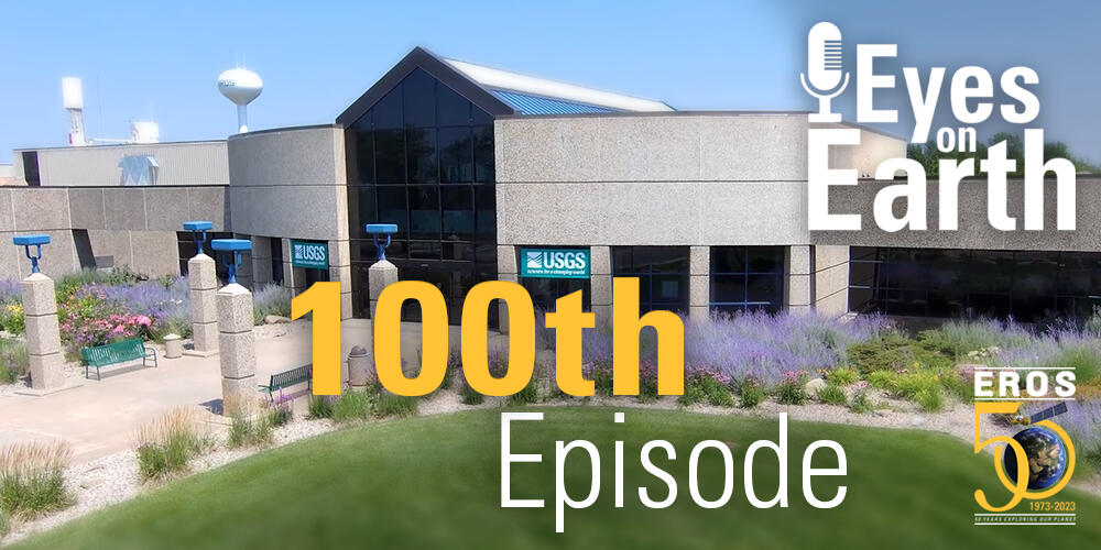 The outdoor front entrance of a facility with a couple logos on top and the words "100th Episode"