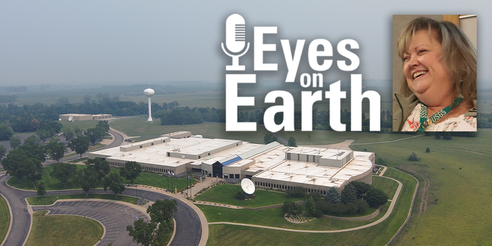 Image of EROS Center and Kristi Kline with Eyes on Earth graphic on top