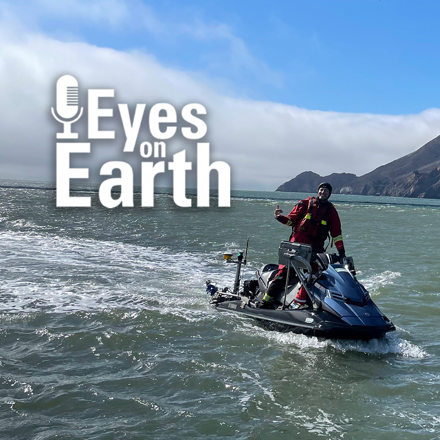 Thumbnail image for Eyes on Earth Episode 120 – Mapping the California Coastline showing guest Sean Vitousek on a watercraft