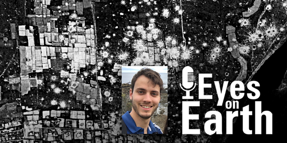 A black and white satellite image with several words in white on top, plus a color mugshot of a man