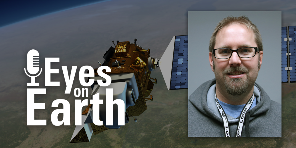 Logo with mugshot overlaying illustration of satellite above Earth